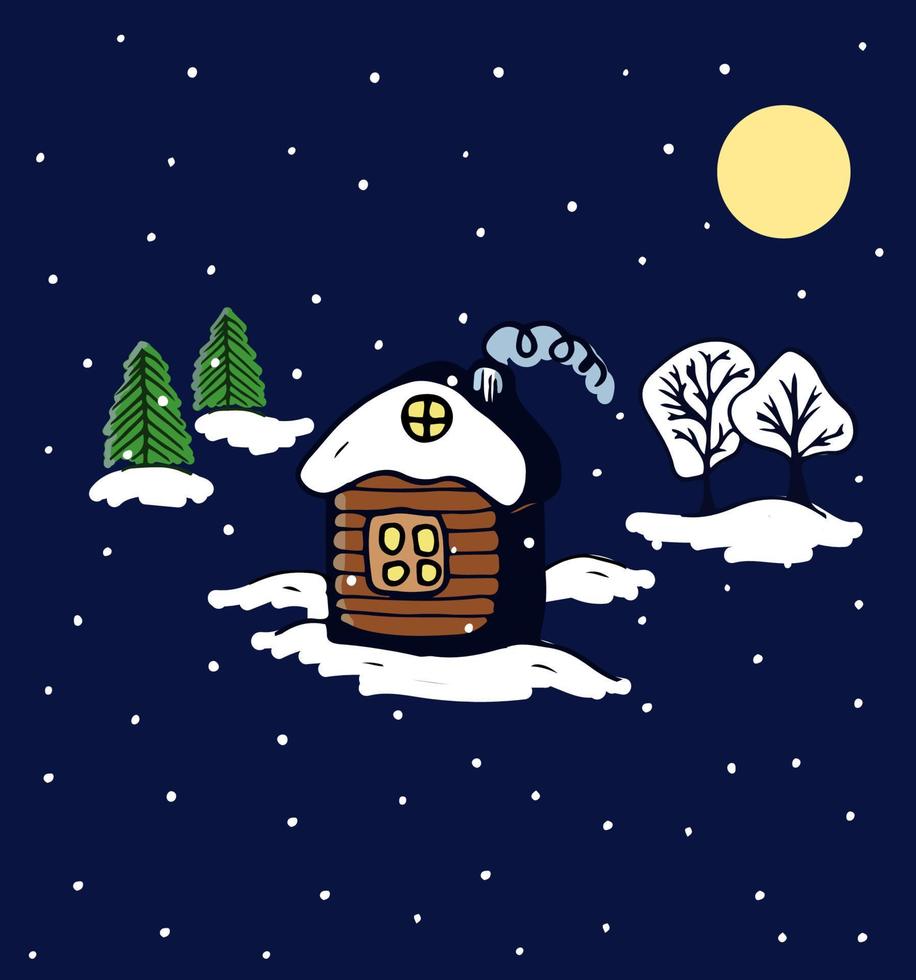 tarjeta de invierno con casa de pueblo, árboles, copos de nieve. color azul. ilustración vectorial vector