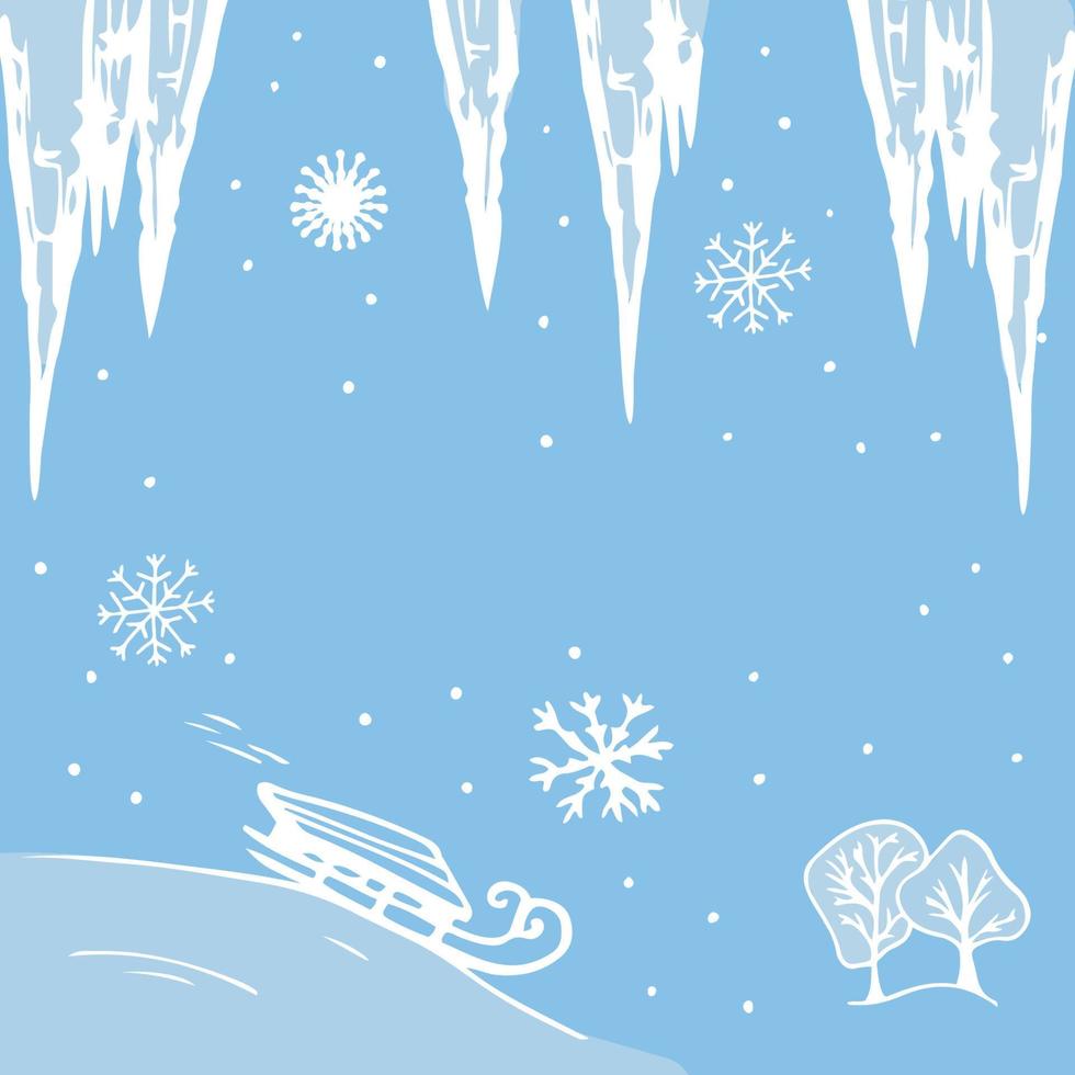 tarjeta de invierno con trineo, carámbanos, copos de nieve, nevadas. color azul. ilustración vectorial vector