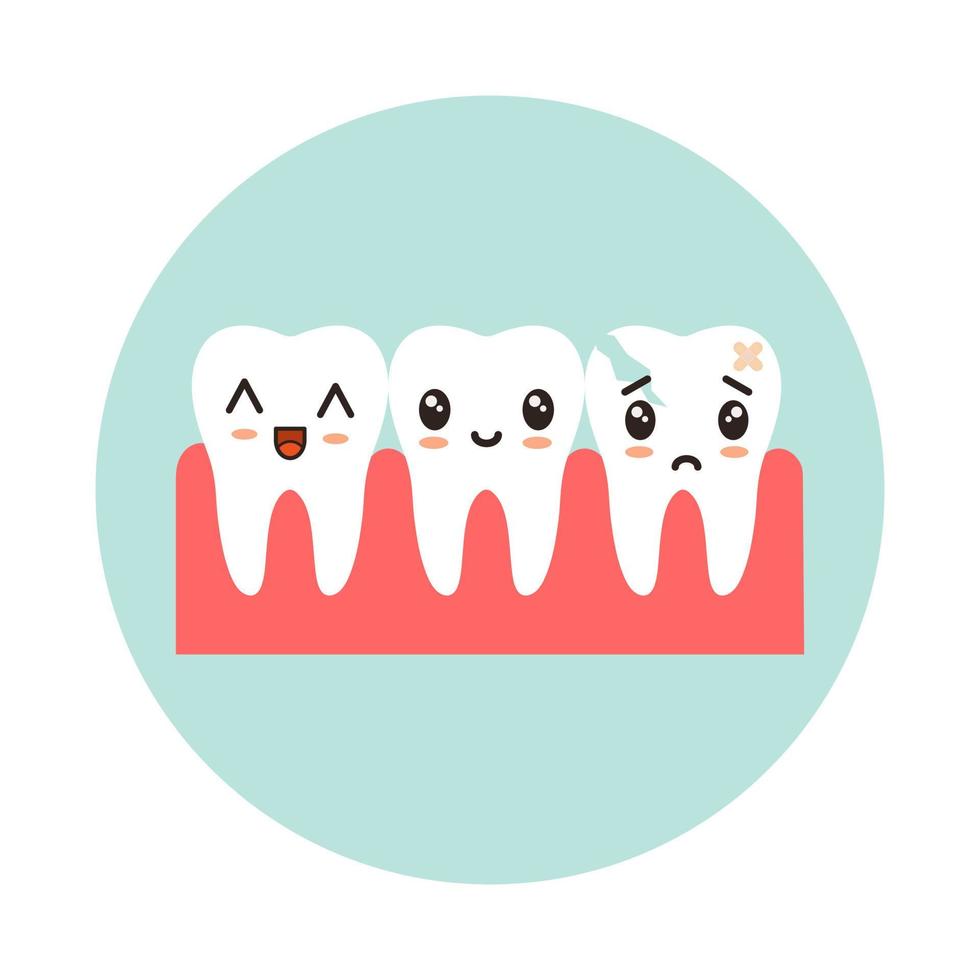 fila de dientes sanos y un diente roto. Ilustración de vector plano de emoción kawaii.