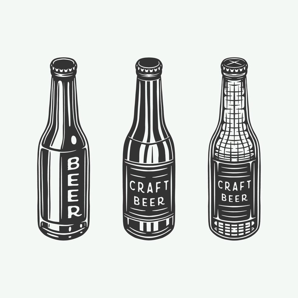 botellas de cerveza retro vintage o botellas de bebida. puede usarse como emblema, logotipo, insignia, etiqueta o marca. también se puede utilizar como póster o impresión. arte gráfico monocromático. vector. vector