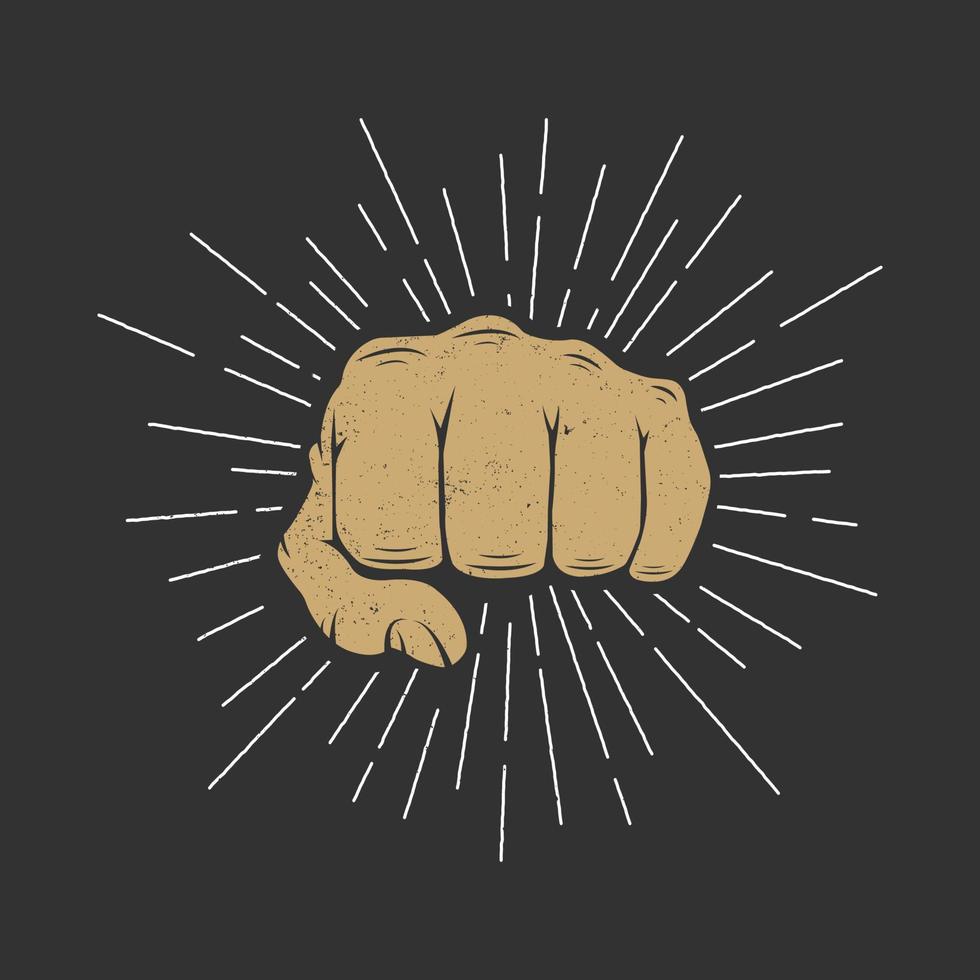 Fist with sunbursts in vintage style. Vector illustration