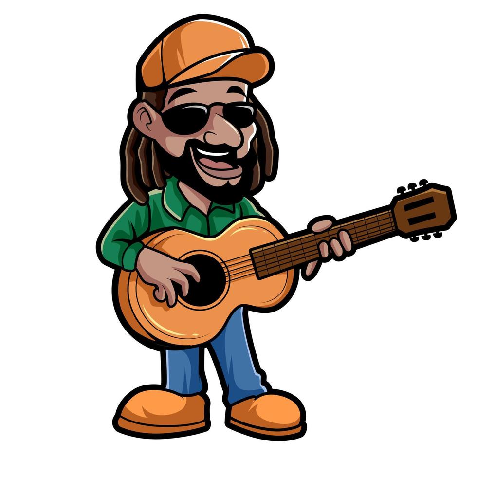 Rastaman with dreadlocks and reggae style singing while play classic guitars Mascot Character Cartoon Vector