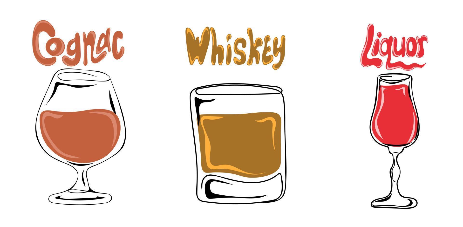 Set of alcoholic shot glases. Hand drawn glasses of cognac, whiskey and liquor vector