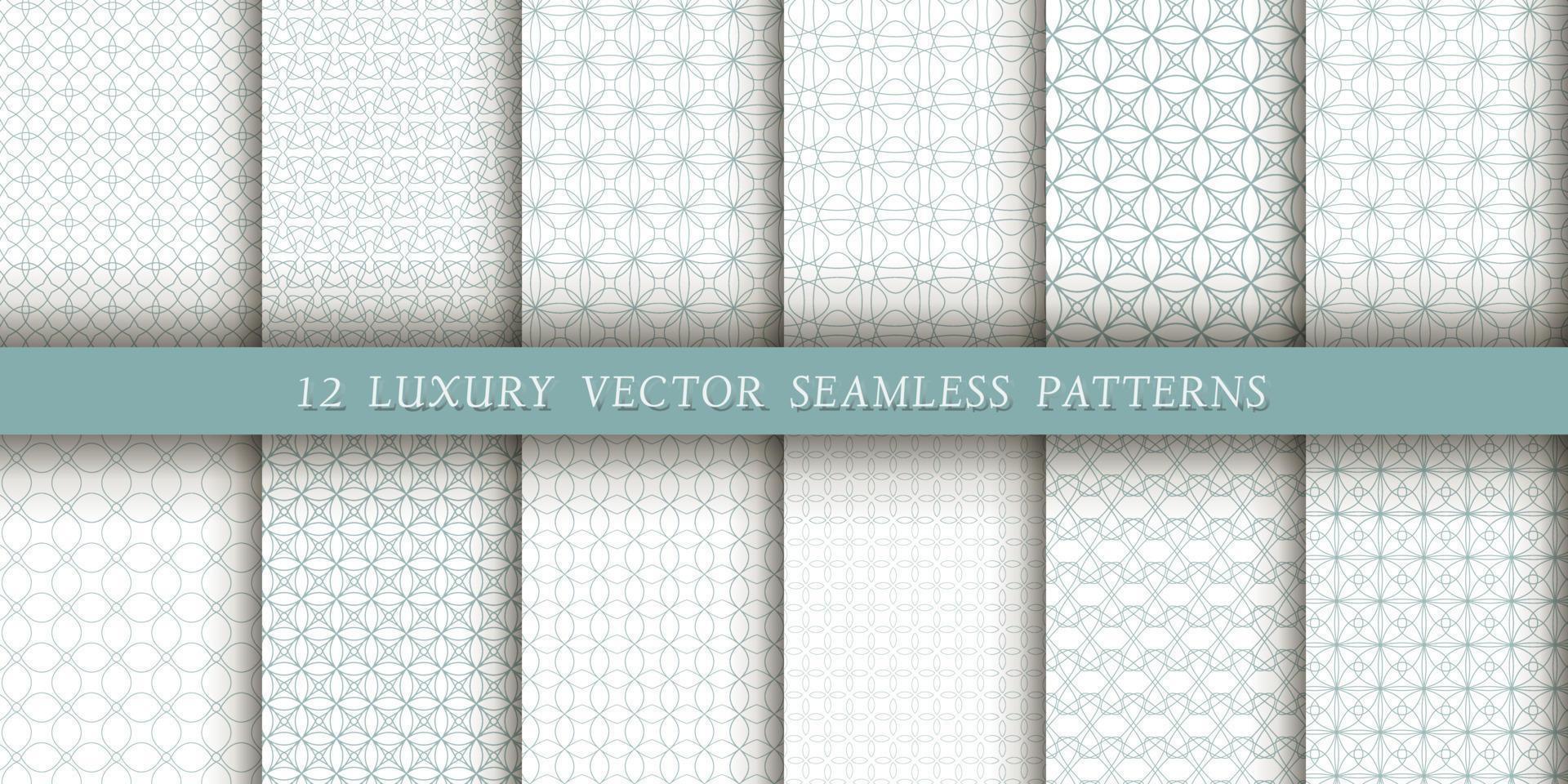 A set of 12 luxurious geometric patterns for printing and design, gray-blue lines on a white background. Modern and stylish patterns vector