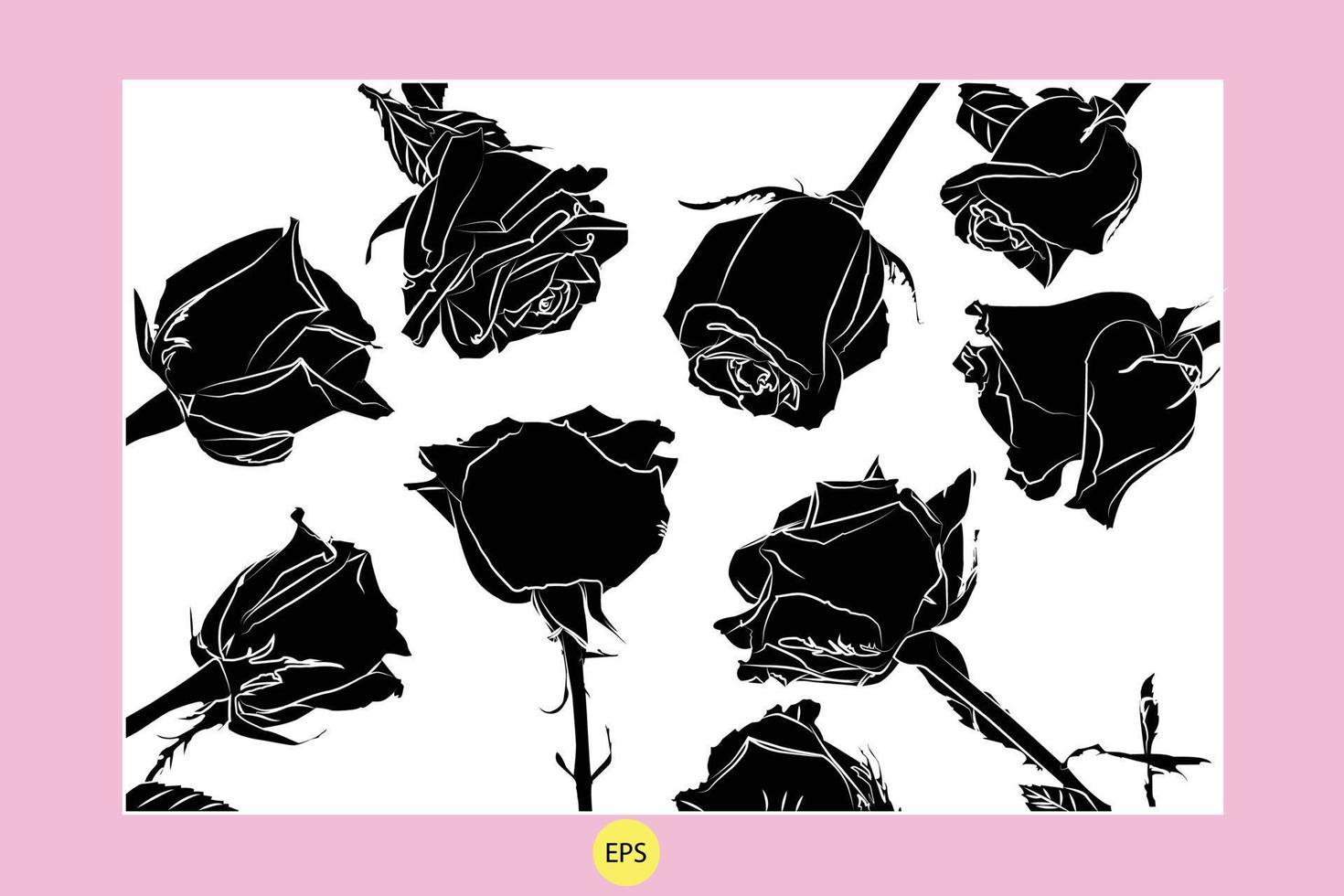 conjunto de siluetas de rosas decorativas negras, siluetas negras vectoriales de flores aisladas en un fondo blanco. vector