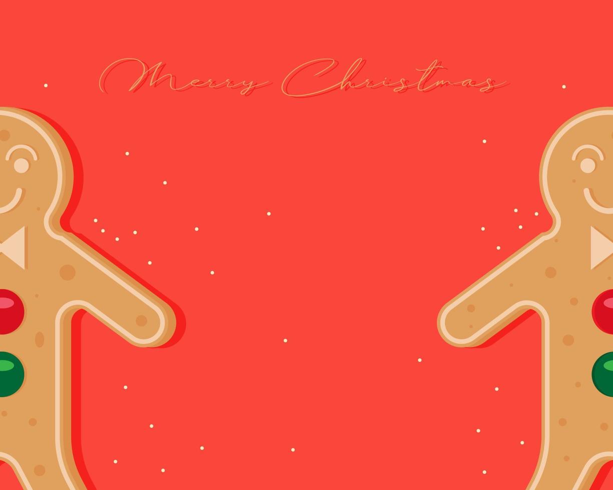 concepto de feliz navidad. hay pan de jengibre sobre fondo rojo. estilo de vector de dibujos animados para su diseño