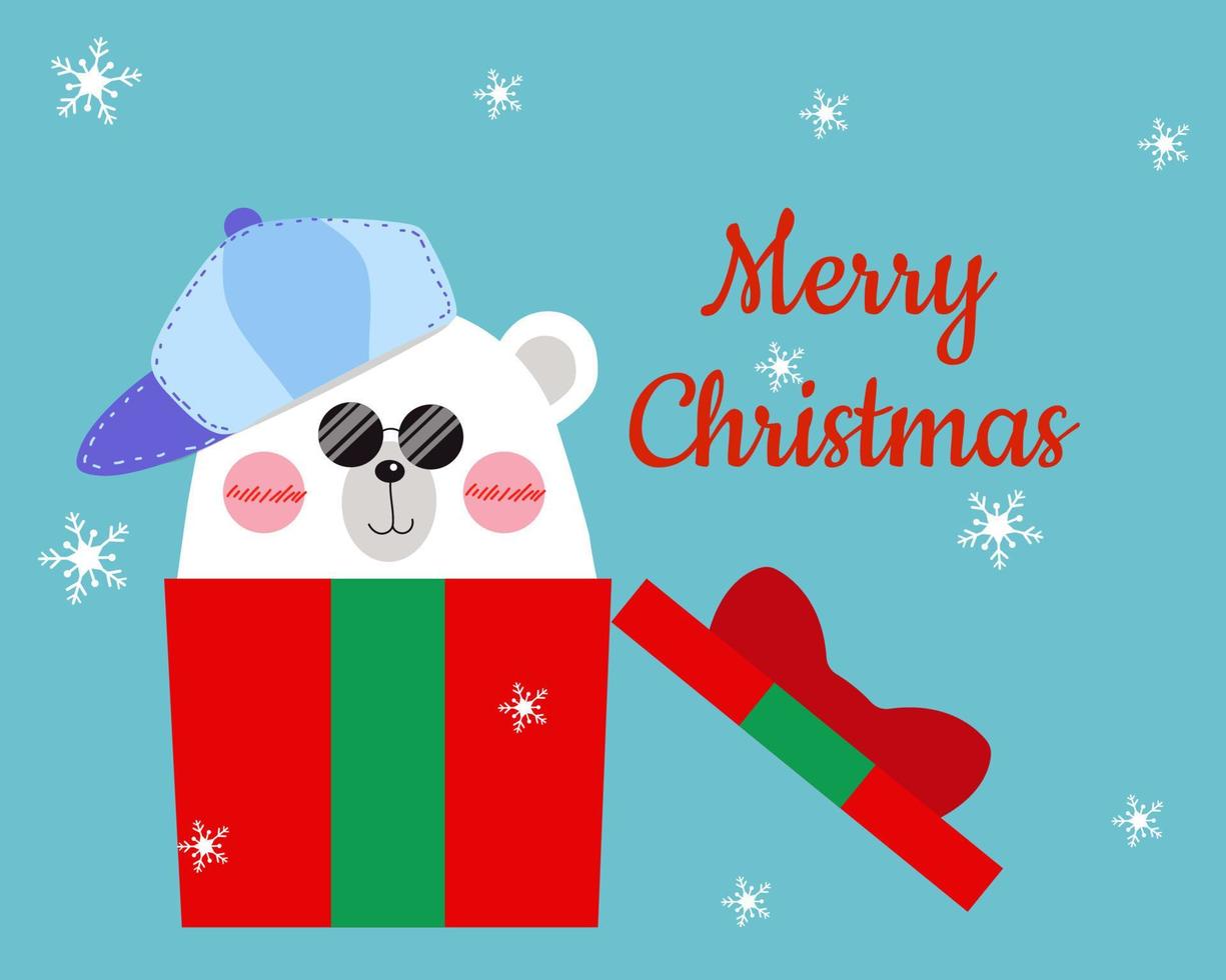 Merry Christmas concept There is cute bear wears red christmas hat in a gift box with snow falling for your design. vector