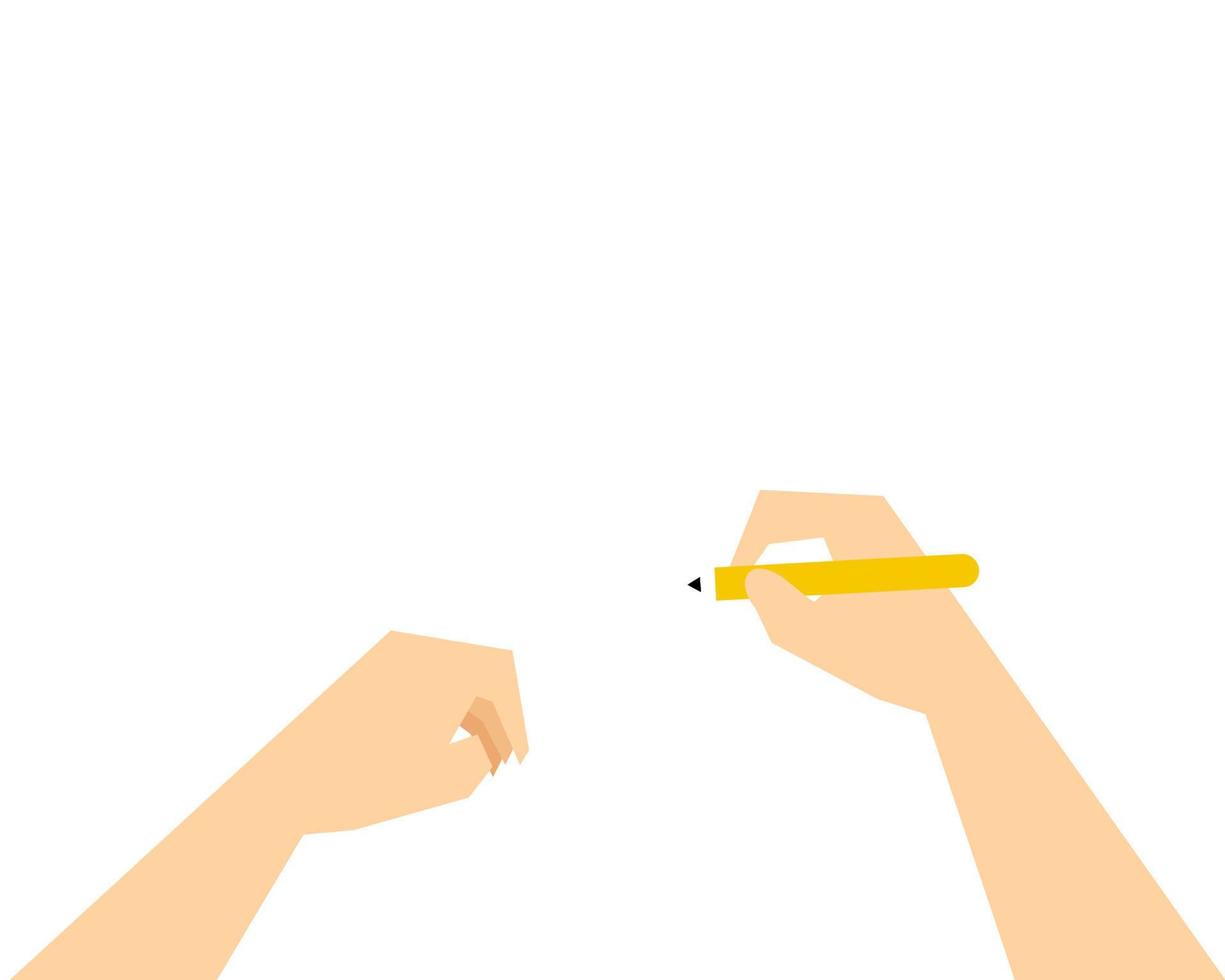 Top view hands hold yellow pencil for write on isolated white background. Copy space for your text. Cartoon vector style for your design.