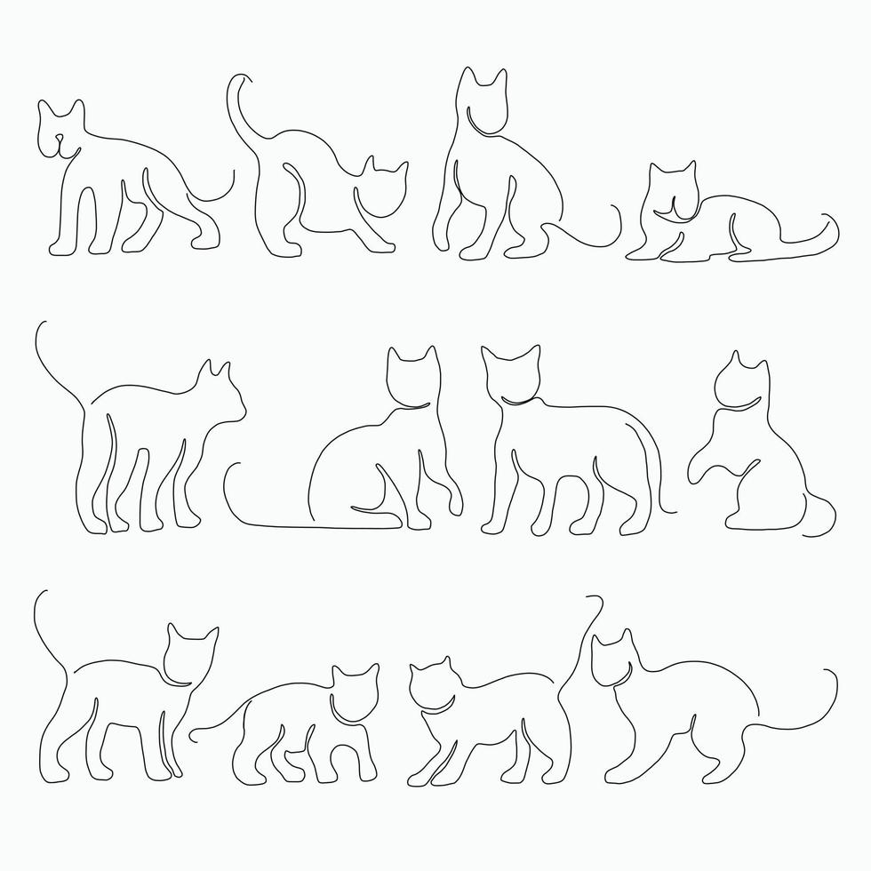 Doodle continuous freehand sketch drawing of cat pose collection. vector