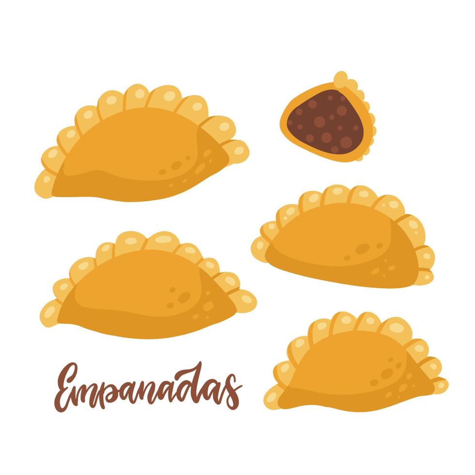 Set of empanadas food design. Whole and half. Hand drawn vector flat illustration. Latin American snack.