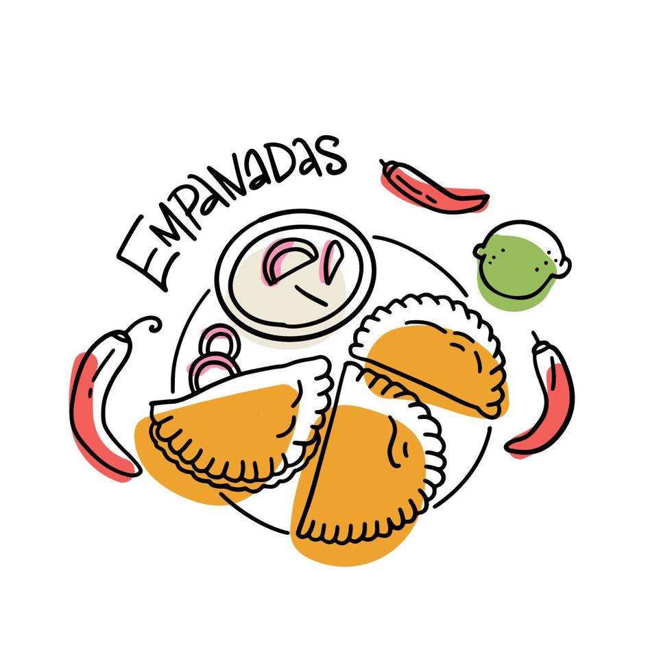 Mexican Empanadas with chili peppers, sauce and lime on white background with abstract colorful shapes. Vector sketch illustration latin american food in linear doodle style for packaging, sublimation