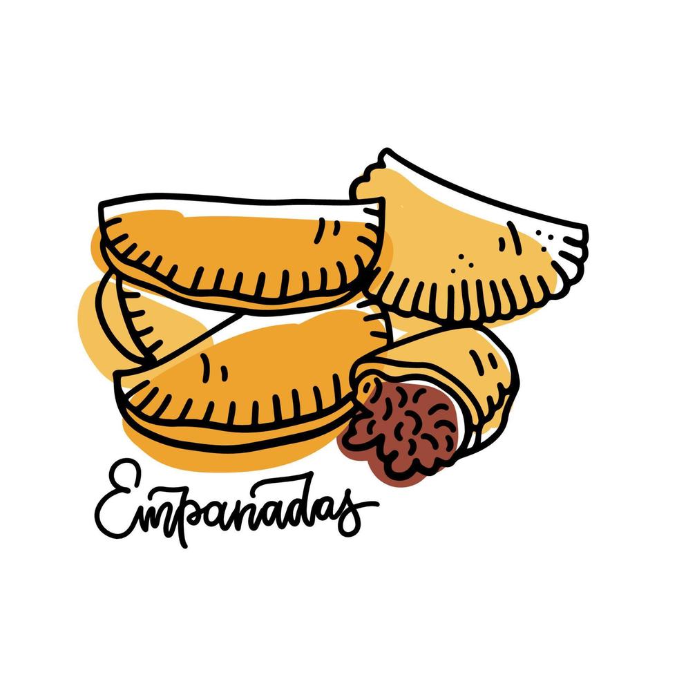 Empanadas or fried pie outline sketch illustration with color absctact shapes. Typical Latin American and Sanish fast food. Empanada in contour close-up for cafe fast food design. vector