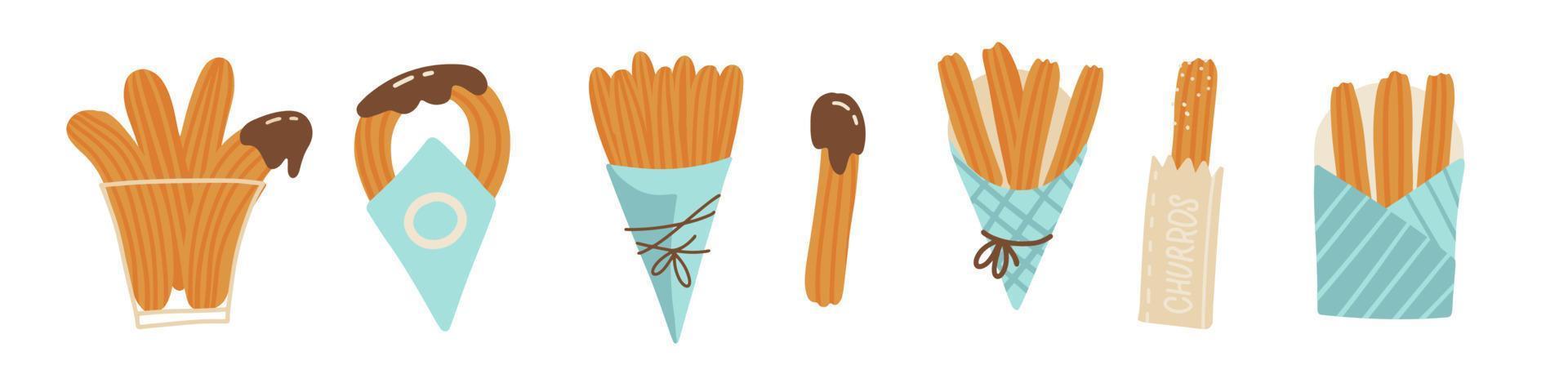 Set of churros in different paper bags. Mexican snack. Hand drawn flat vector illustration. Churros sticks in cone.