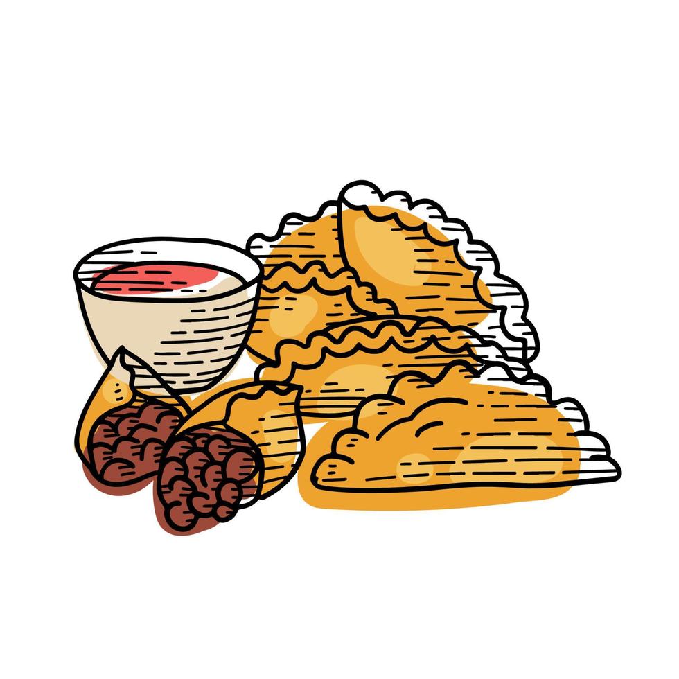 Hand drawn sketch style empanada. Side view on pile of empanadas with sauce. Typical Latin American and Spanish fast food. Vector engraved outline illustration isolated on white background for menu.