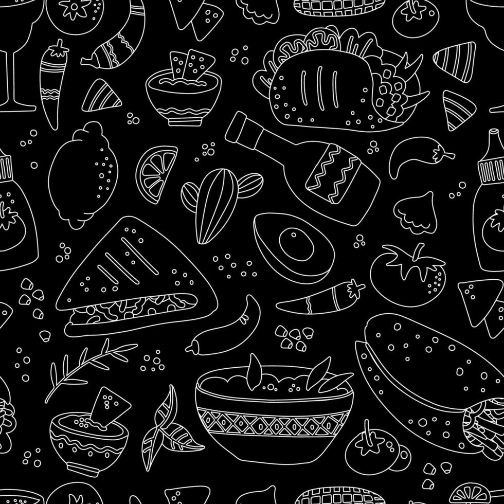 Mexican food seamless pattern for Menu design. Engraved style image in black background. Different mexican dishes. Linear graphic on chalkboard. Chalkboard style. Hand drawn vector illustration.