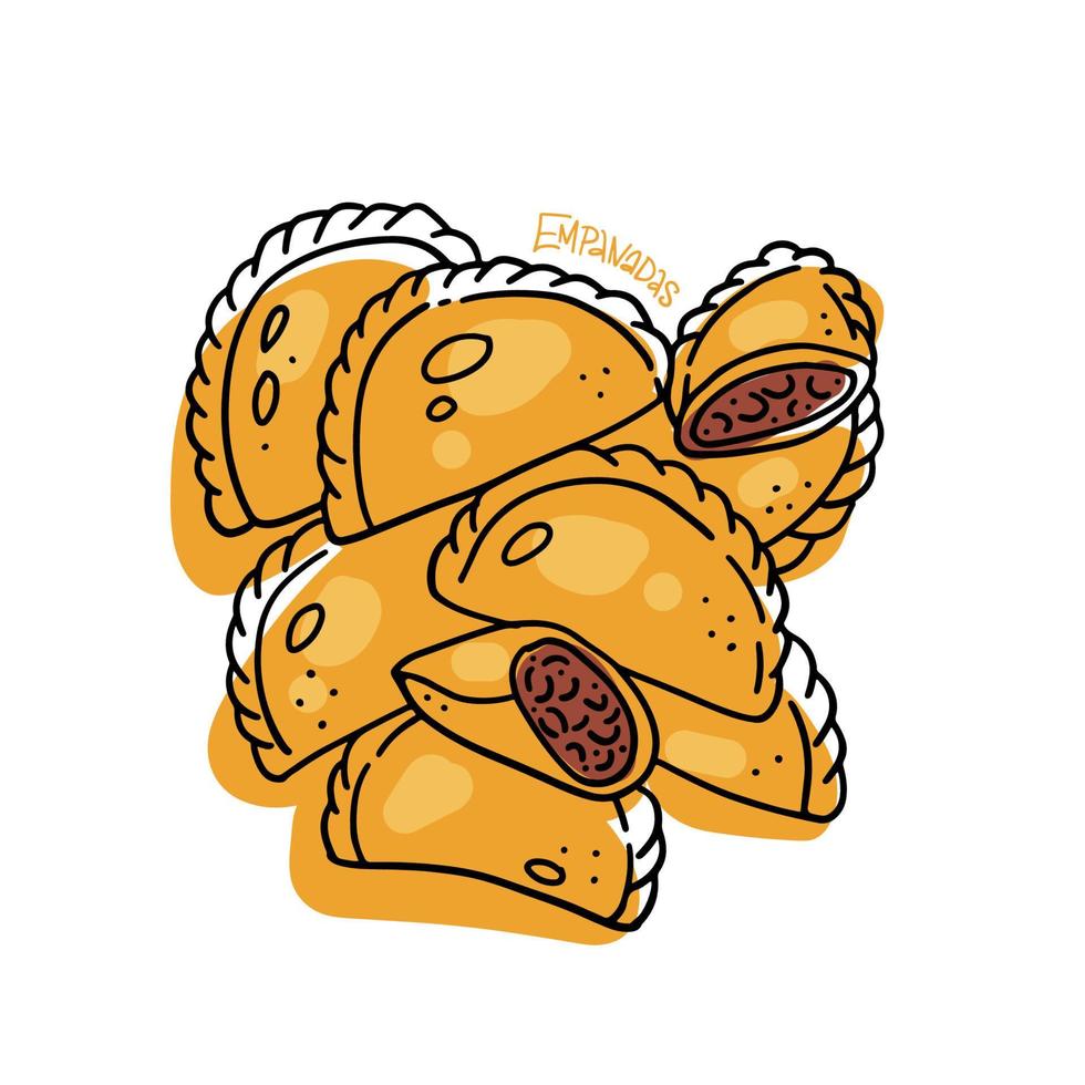 Mexican Empanadas isolated sublimation print concept. Half of broken dumpling with stuffing close-up. Vector linear hand drawing Latin American food in doodle style with color abstract shape.