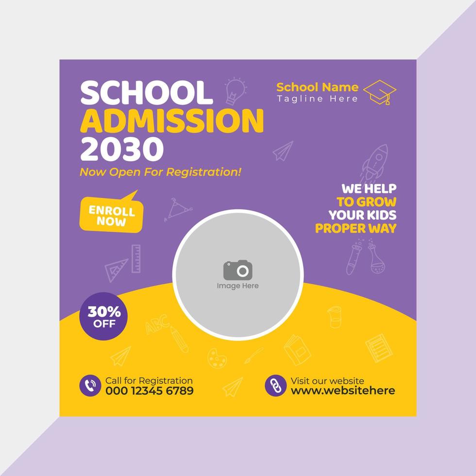 School admission social media post and web banner for kids education vector
