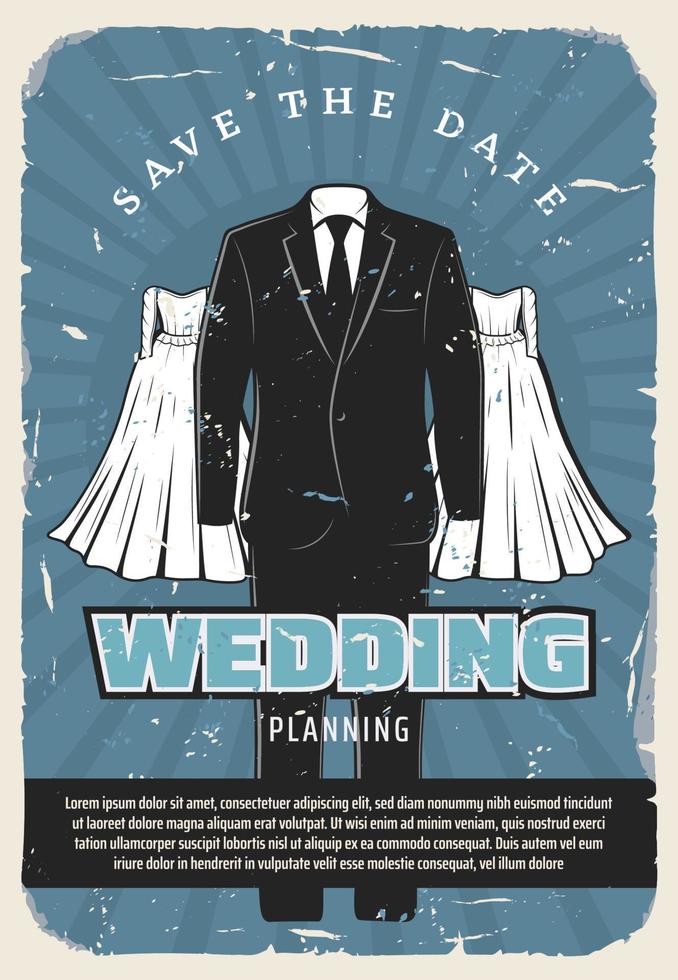 cartel retro de boda con traje y vestido de novia vector