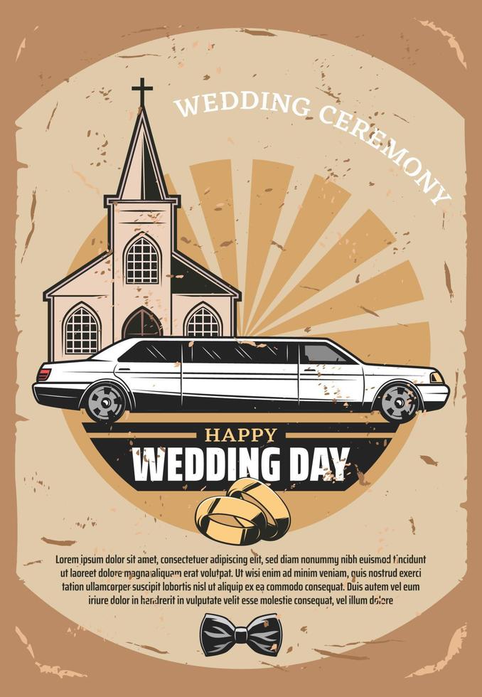 diseño retro de la tarjeta de felicitación del día de la boda feliz vector