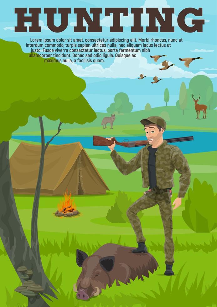 Hunting sport banner with hunter, animal and bird vector