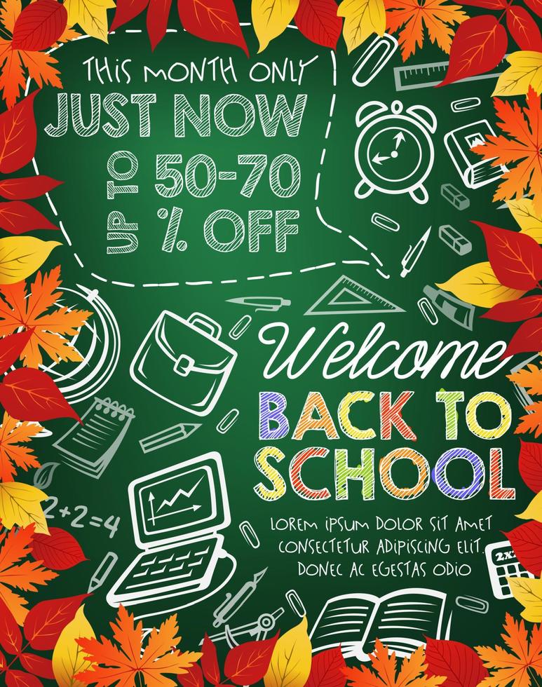 Back to school sale banner on chalkboard with leaf vector