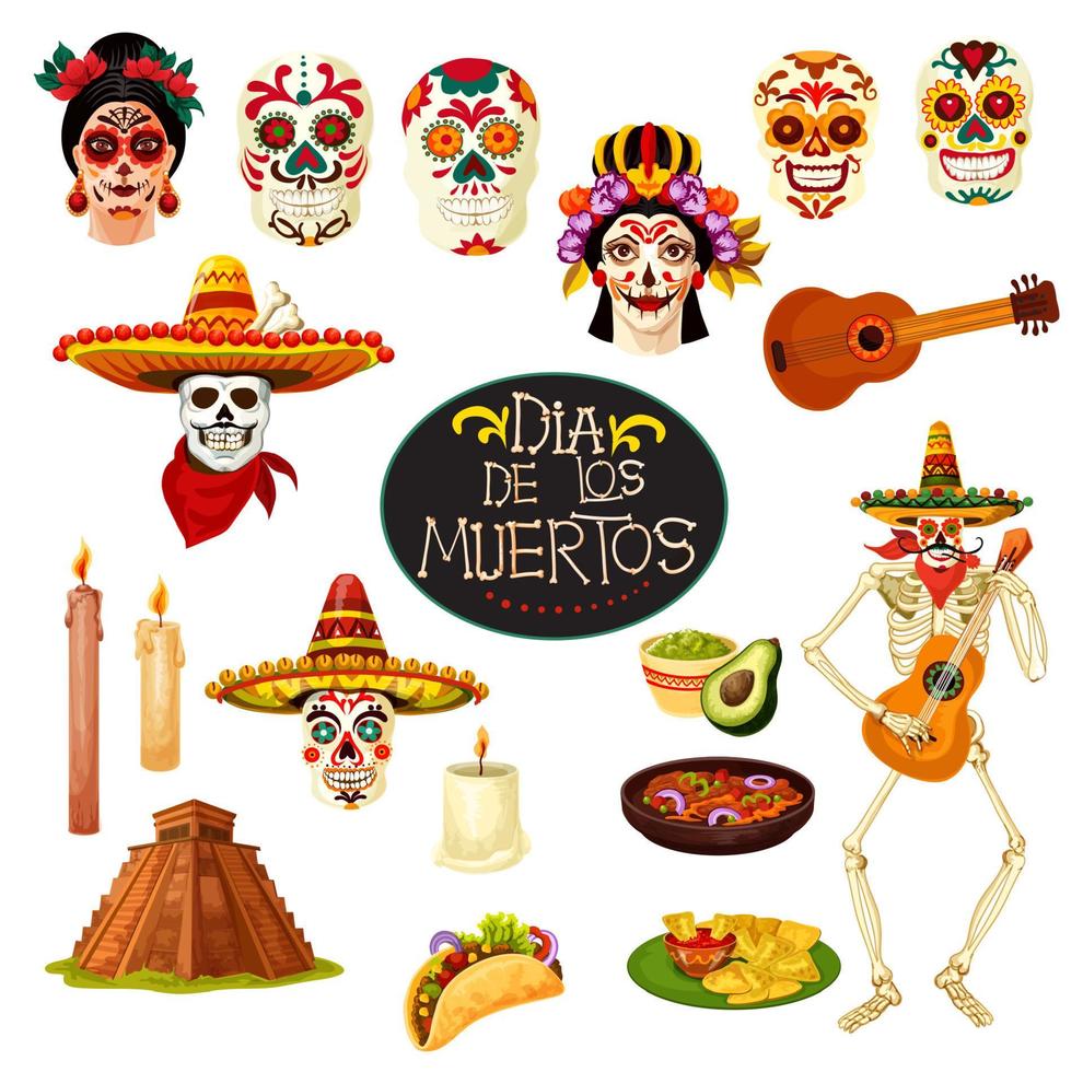 Dia de los Muertos symbols. Vector greeting card