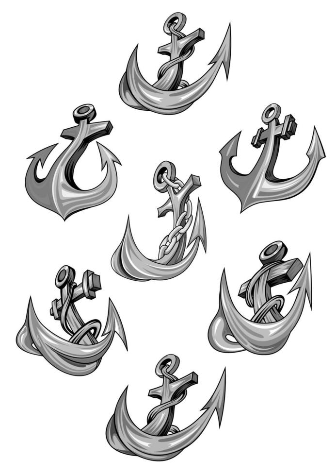 Nautical heraldic vector icons of ship anchor