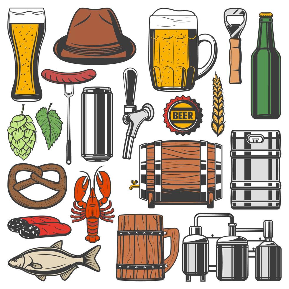 Beer bottle, alcohol drink glass and mug icons vector
