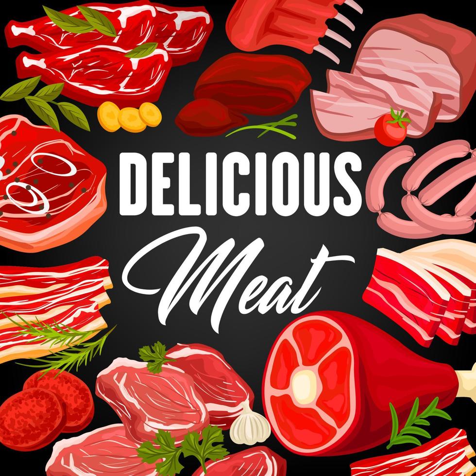 Meat products and sausages butchery shop poster vector