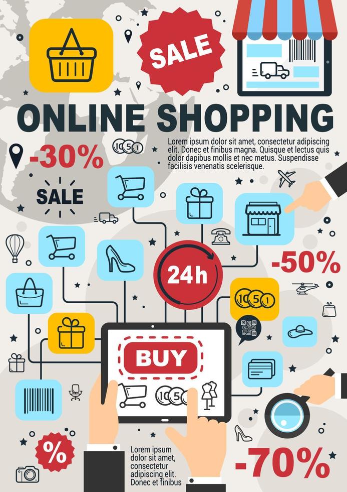 compras en línea y cartel de vector de venta de tienda web