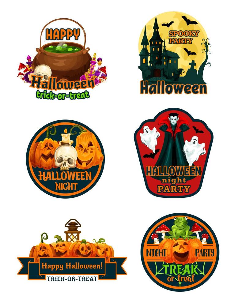 Halloween night party label and badge with pumpkin vector