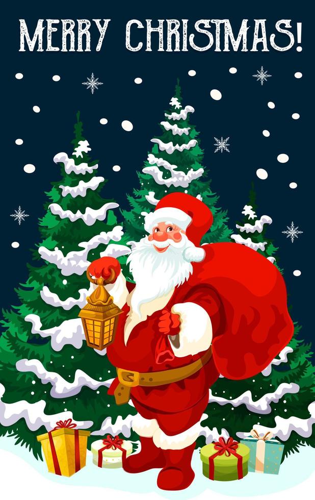 banner de navidad con santa, regalo y árbol de navidad vector