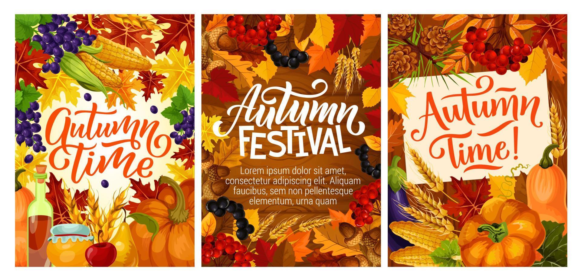 Fall fest posters with harvest and autumn leaves vector