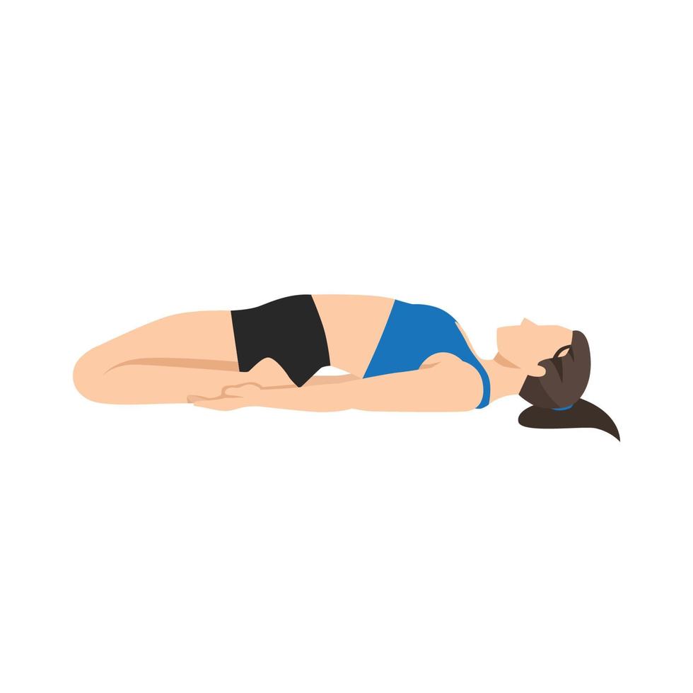 mujer haciendo yoga, acostada en ejercicio de héroe reclinado, pose supta virasana, haciendo ejercicio. ilustración vectorial plana aislada sobre fondo blanco vector