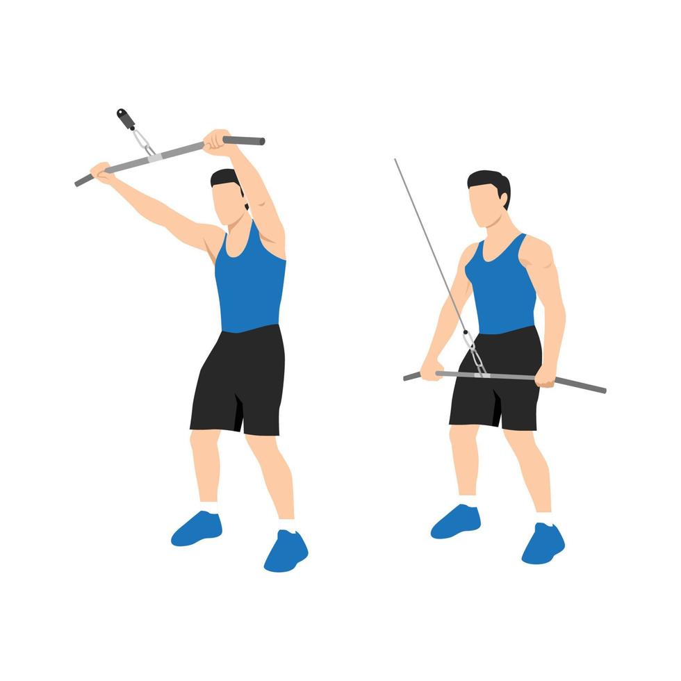 Man doing straight arm pulldown exercise. Flat vector illustration isolated on white background