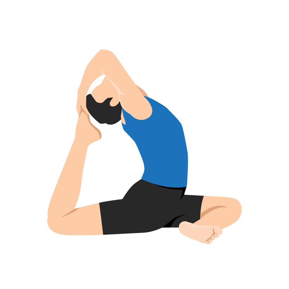 Man doing One Legged King Pigeon Pose Iii. Practice Eka Pada Rajakapotasana Iii. Flat vector illustration isolated on white background