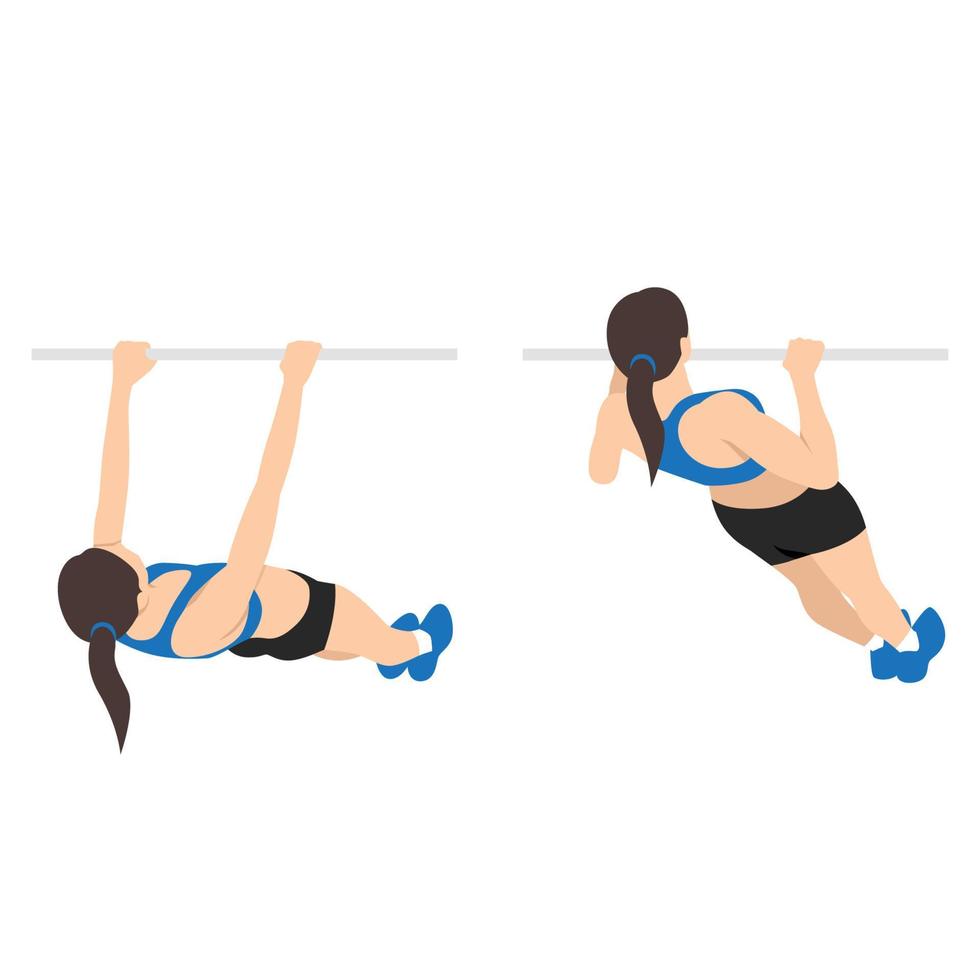 Woman doing inverted rows exercise. Flat vector illustration isolated on white background