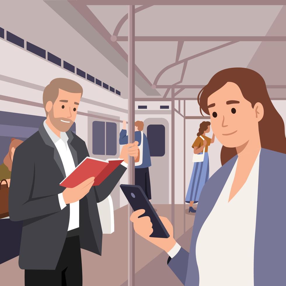 personas en metro, autobús, tranvía, actividades de transporte público. hombre leyendo libro. mujer sosteniendo su teléfono dentro del metro. ir a casa del trabajo. ilustración vectorial plana vector