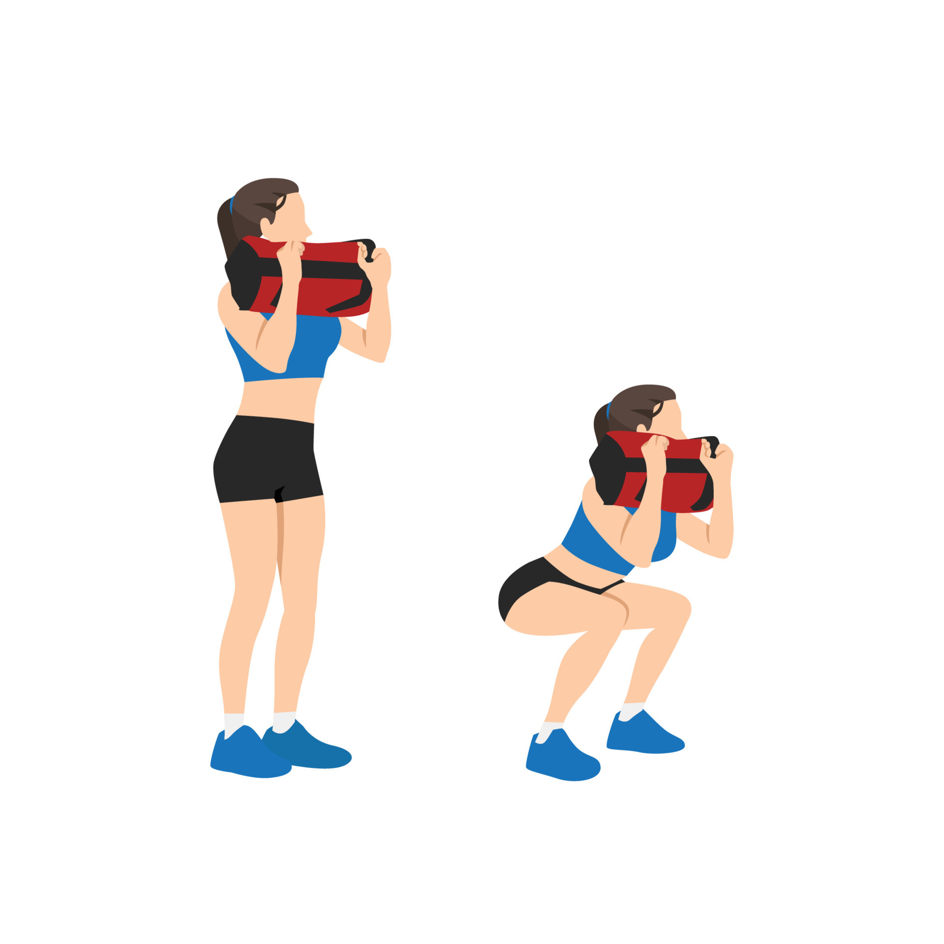 Woman doing Powerbag or sandbag squat in 2 steps in side view