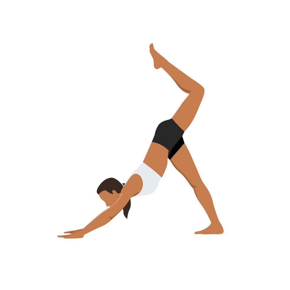 Woman doing Three Legged Downward Facing Dog Pose Scorpion Leg. Practice Tri Pada Adho Mukha Svanasana Vrschikasana Pada vector