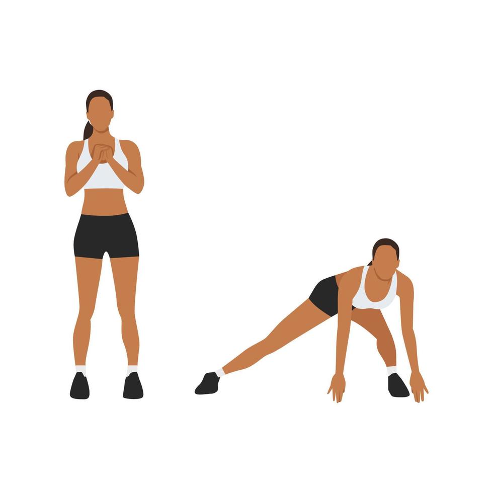 Woman doing Lateral lunges to floor touches exercise. Flat vector illustration isolated on white background