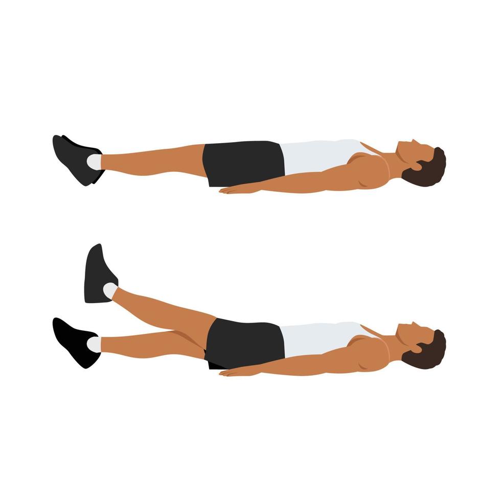 Man working out on her strength of stomach abs. Lying single or one leg lifts raises. Flat vector illustration isolated on white background