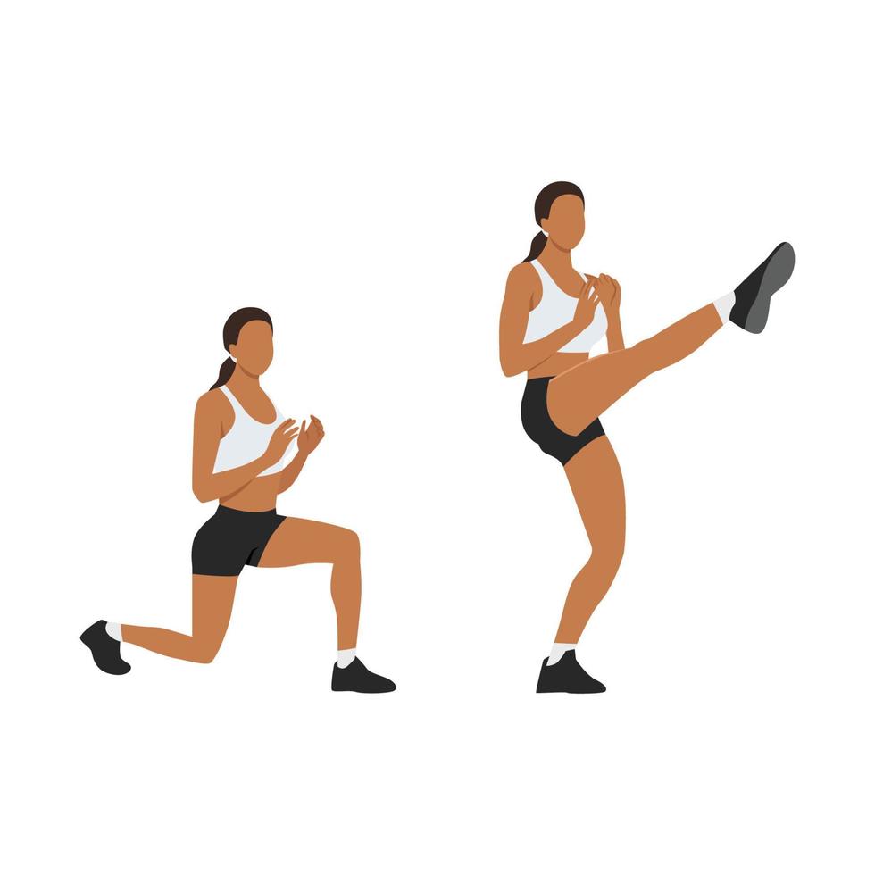 Woman doing Lunge. Front kicks exercise. Flat vector illustration isolated on white background
