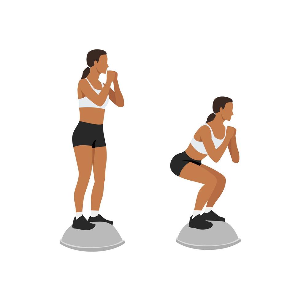 Woman doing bosu ball squat exercise. Flat vector illustration isolated on white background