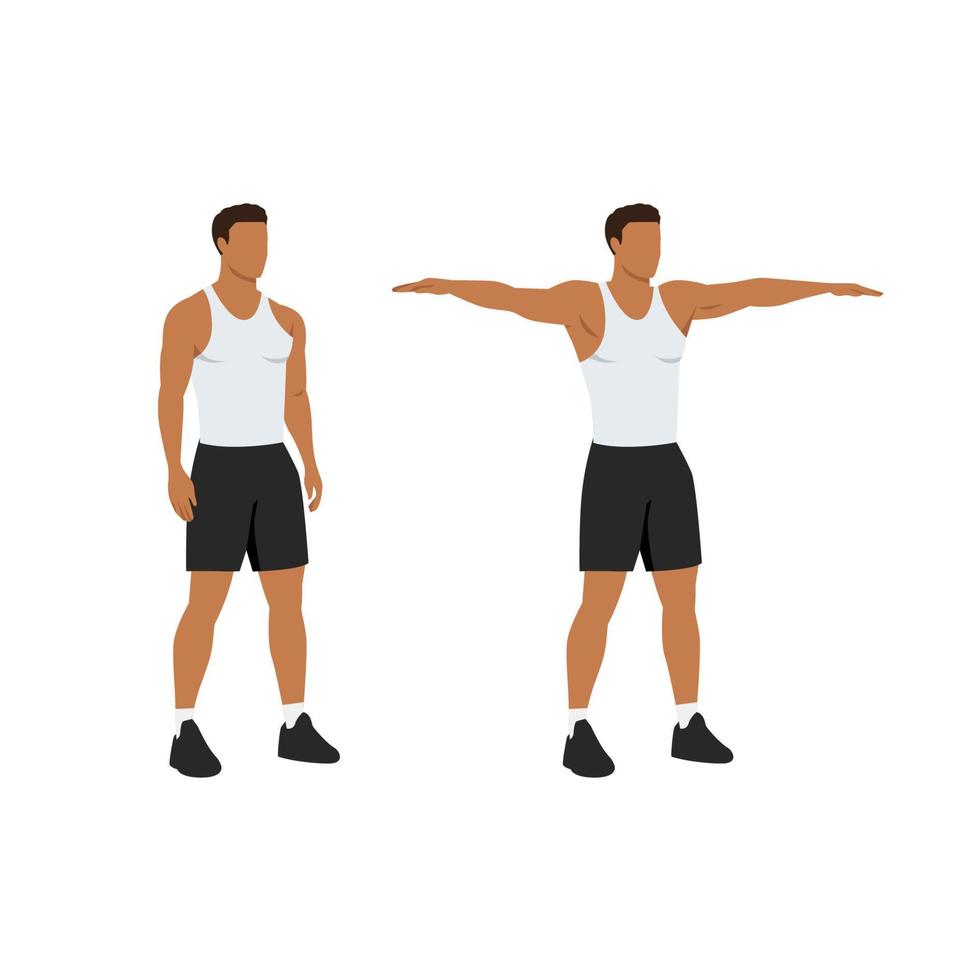 Man doing Double arm side or lateral raises exercise. Raise both arms laterally until horizontal. Flat vector illustration isolated on white background