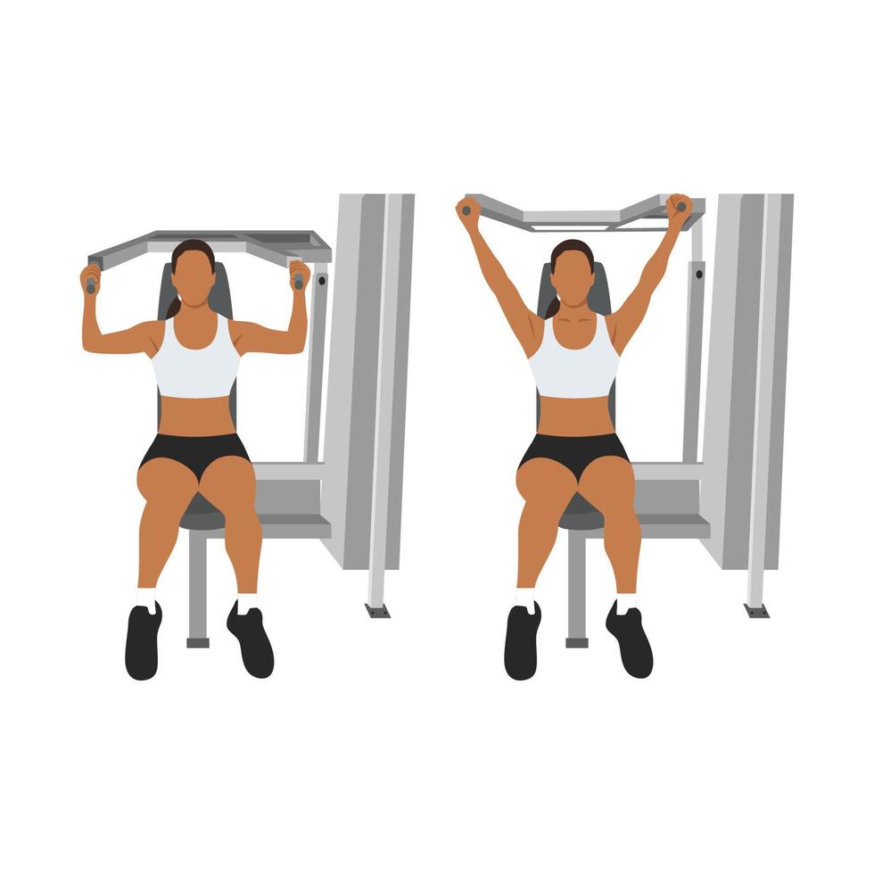 Woman doing a shoulder press exercise on a weight machine exercise. Flat vector illustration isolated on white background