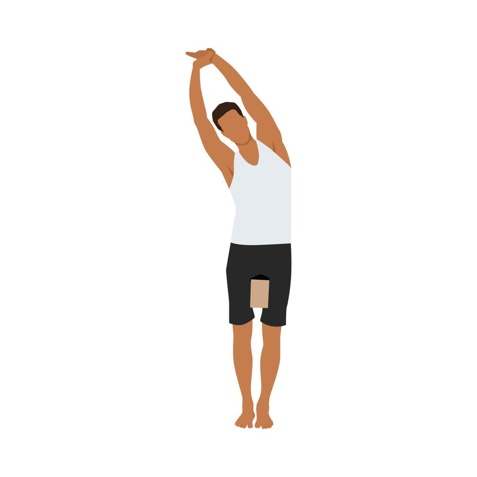 hombre haciendo pose de montaña de flexión lateral ejercicio parsva tadasana. ilustración vectorial plana aislada sobre fondo blanco vector