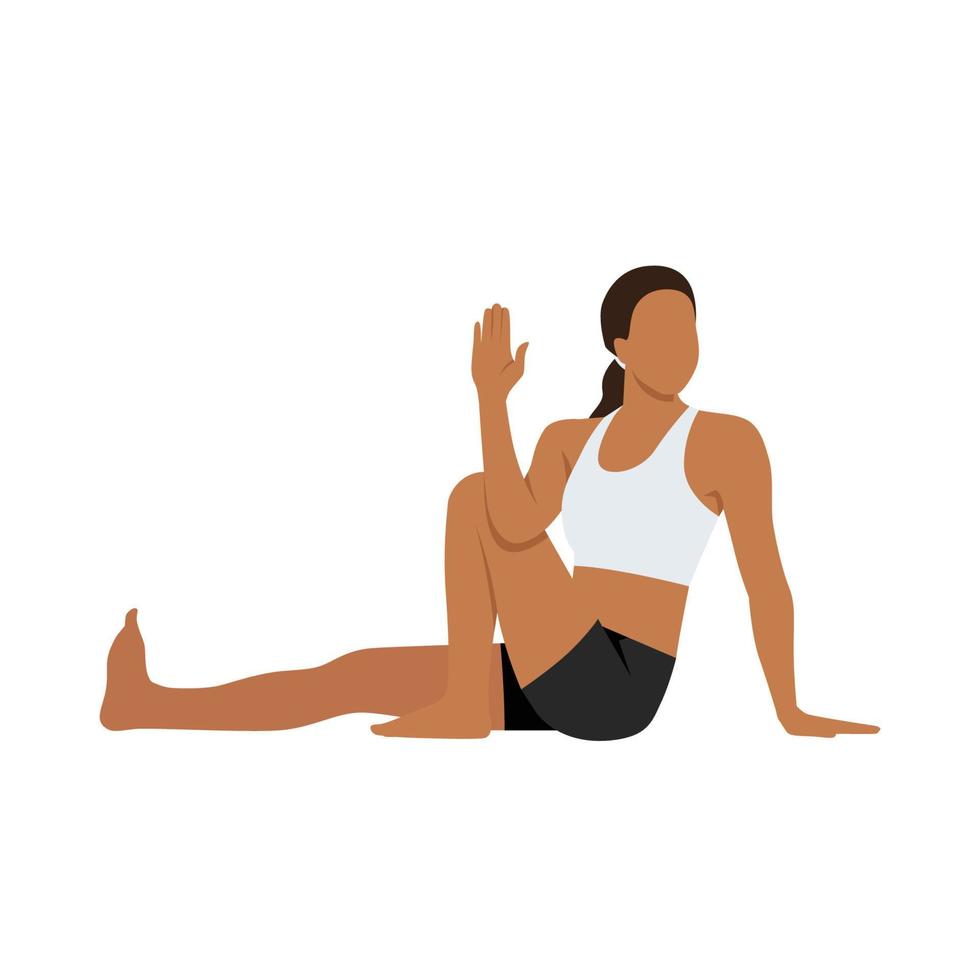 Woman doing Sage Marichi Pose C Variation, Beautiful girl practice Marichyasana C Variation. Flat vector illustration isolated on white background