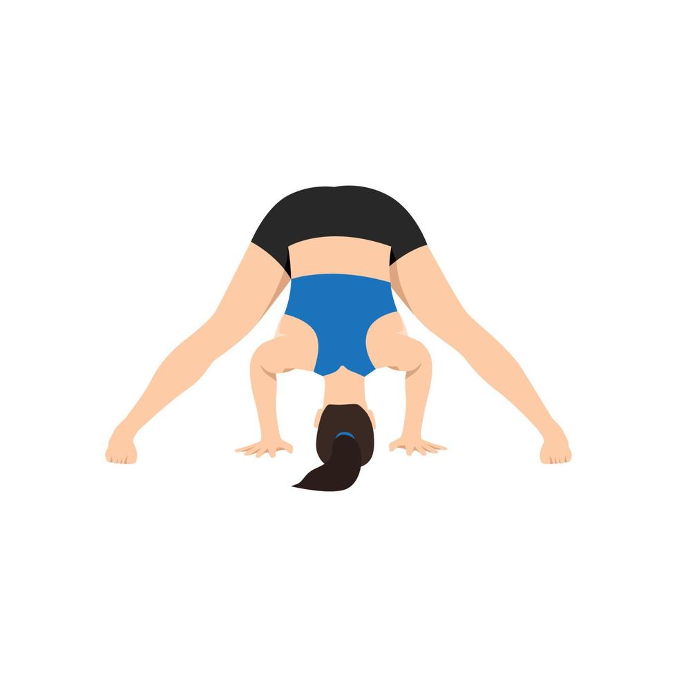 Woman doing wide legged forward bend pose prasarita padottanasana exercise. Flat vector illustration isolated on white background