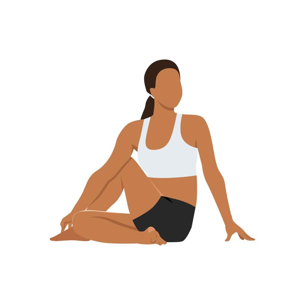 mujer haciendo sage twist pose variación curva hacia adelante, hermosa niña práctica marichyasana variación uttanasana. ilustración vectorial plana aislada sobre fondo blanco vector